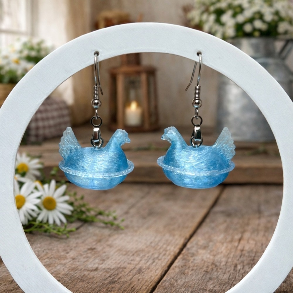 Hen on Nest HON Chicken Earrings Farmhouse Hypoallergenic Translucent Blue‎
